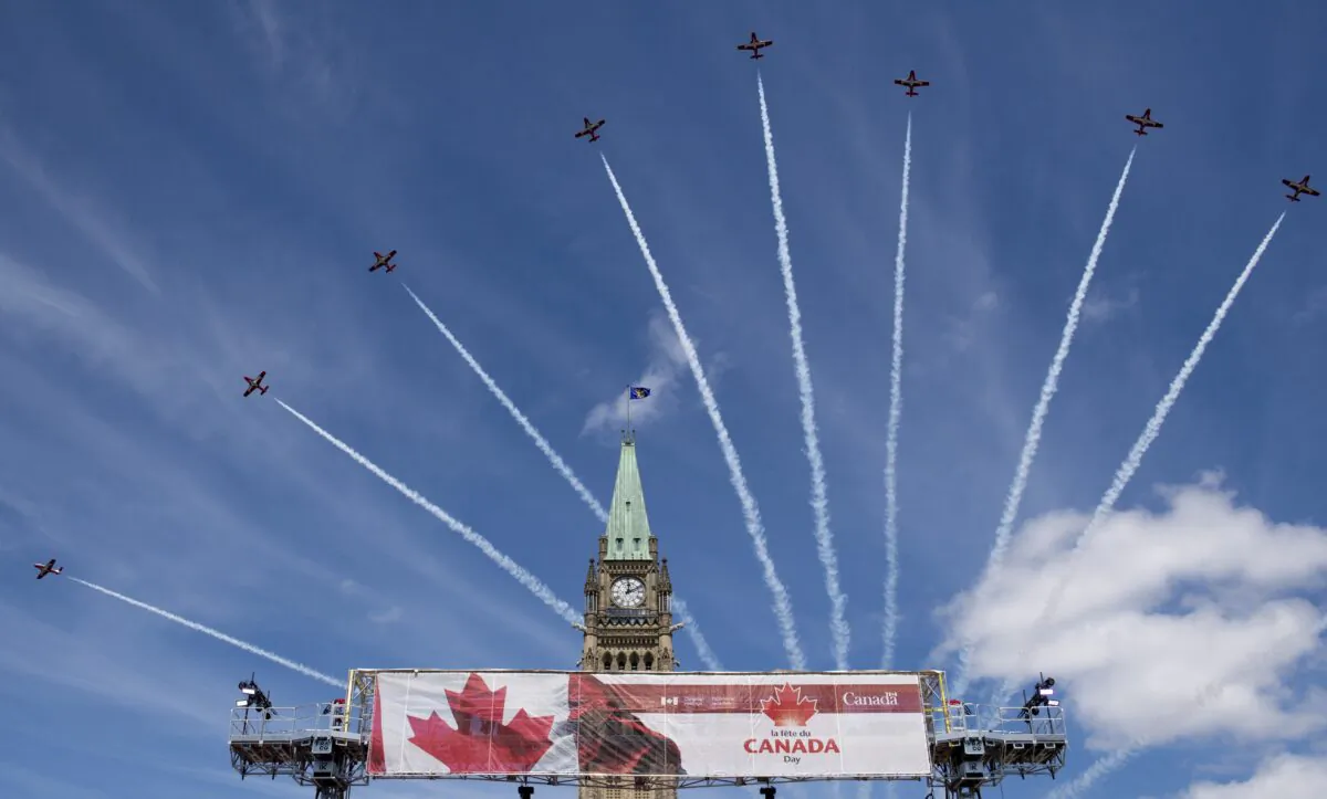 The Canadian Forces Snowbirds fly past the Peace Tower during Canada Day celebrations on Parliament Hill on July 1, 2019. (The Canadian Press/Justin Tang)
