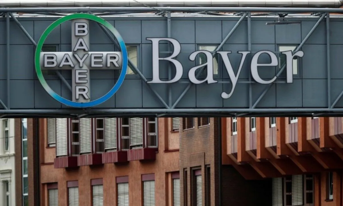 A bridge is decorated with the logo of a Bayer AG, a German pharmaceutical and chemical maker, in Wuppertal, Germany, on Aug. 9, 2019. (Wolfgang Rattay/Reuter, File Photo)