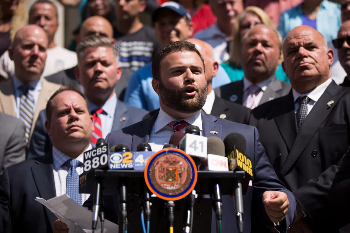 New York City council member Joe Borelli speaks outside City Hall during a press conference in New York City on Aug. 24, 2017. (Drew Angerer/Getty Images)