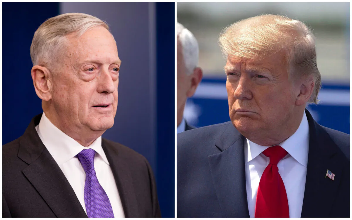 (L) Jim Mattis speaks during a press briefing on Feb. 7, 2018. (Samira Bouaou/The Epoch Times) (R) President Donald Trump at the Kennedy Space Center in Cape Canaveral, Fla., on May 30, 2020. (Saul Martinez/Getty Images)