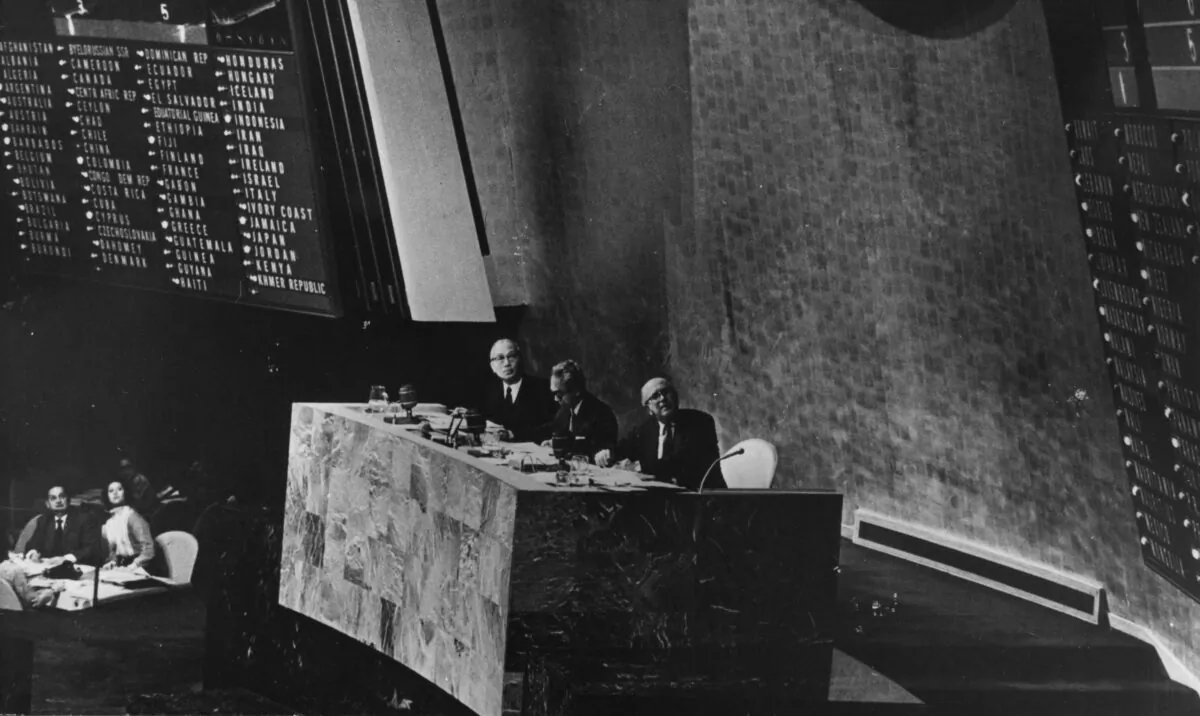 Secretary-General U Thant, Assembly-President Adam Malik and Under-Secretary-General Ca Etavropoulos at the United Nations General Assembly on Oct. 25, 1971, when communist China was voted to replace the Republic of China (Taiwan) as a member state of the U.N. (Keystone/Getty Images)