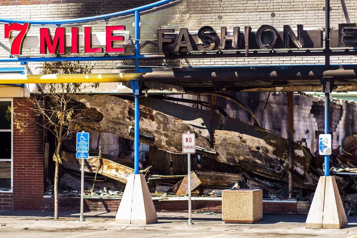 The charred wreckage of a beauty supply store destroyed during last week's rioting, in Minneapolis, Minn., on June 3, 2020. (Kerem Yucel/AFP/Getty Images)