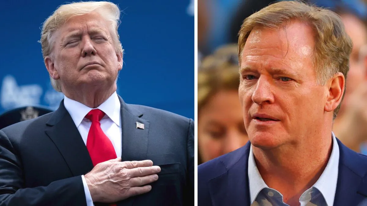 President Donald Trump places his hand on his heart as he listens to the National Anthem being played at the United States Air Force Academy on May 30, 2019, in Colorado Springs, Colorado. (Brendan Smialowski/AFP via Getty Images) II NFL Commissioner Roger Goodell looks on prior to Super Bowl LIV between the San Francisco 49ers and the Kansas City Chiefs at Hard Rock Stadium in Miami, Florida on Feb. 2, 2020. (Ronald Martinez/Getty Images)