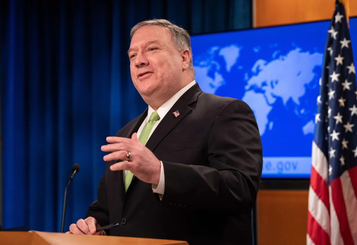 Secretary of State Mike Pompeo speaks to the press at the State Department in Washington on May 20, 2020. (Nicholas Kamm/AFP via Getty Images)