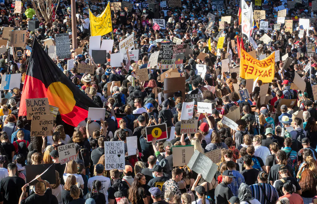 Black Lives Matter and Stop All Black Deaths in Custody rally in King George Square on June 06, 2020 in Brisbane, Australia. (Jono Searle/Getty Images)