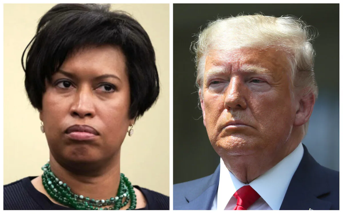 (Left) District of Columbia Mayor Muriel Bowser at a news conference in 2018. (Alex Wong/Getty Images) (Right) President Donald Trump at a news conference at the White House in Washington, on June 5, 2020. (Chip Somodevilla/Getty Images)