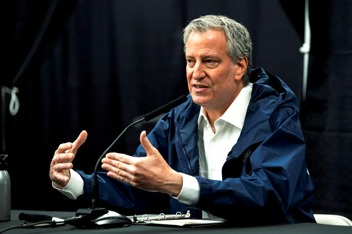 New York City Mayor Bill de Blasio speaks to the media during a press conference In the Queens borough of New York City, on April 10, 2020. (Eduardo Munoz/Reuters)
