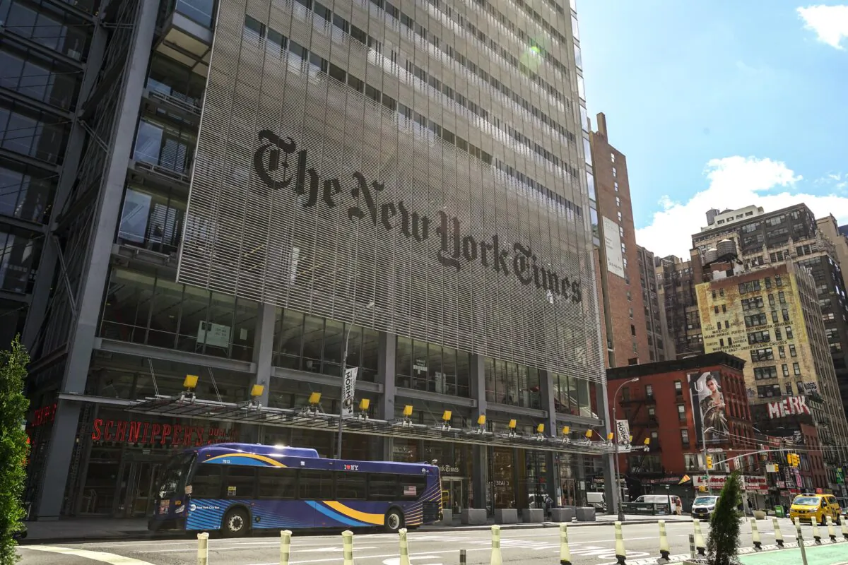 The New York Times building is seen in New York City on April 15, 2020. (Chung I Ho/The Epoch Times)