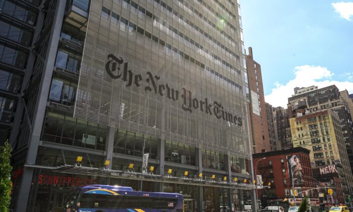 The New York Times building is seen in New York City on April 15, 2020. (Chung I Ho/The Epoch Times)