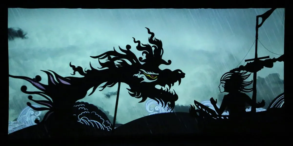 A scene from “Feathers of the Fire: The Movie” with Zaul, the hero, and the sea monster. (Fictionville Studio)