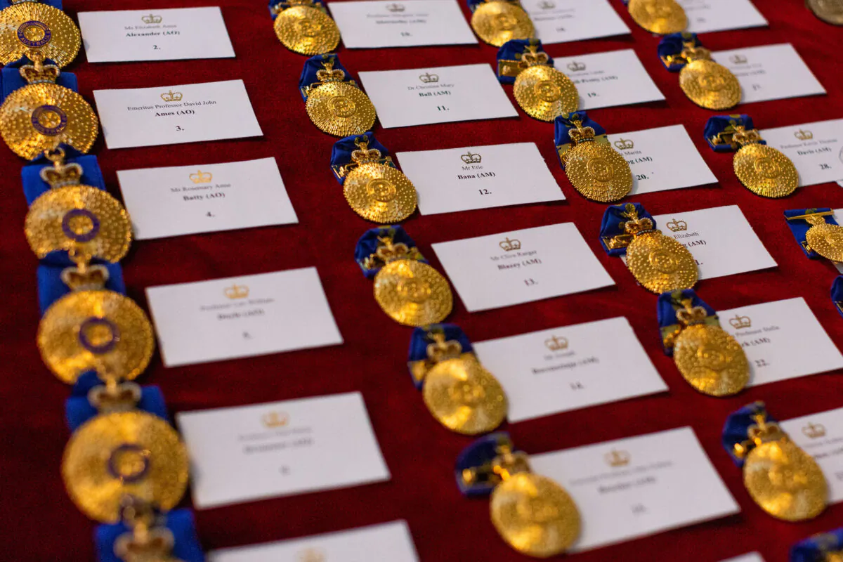  Queen’s Birthday Honour medals laid out prior to the commencement of the Queen's Birthday Investiture Ceremony at Government House in Melbourne, Australia on Sept 17, 2019. (Asanka Ratnayake/Getty Images)