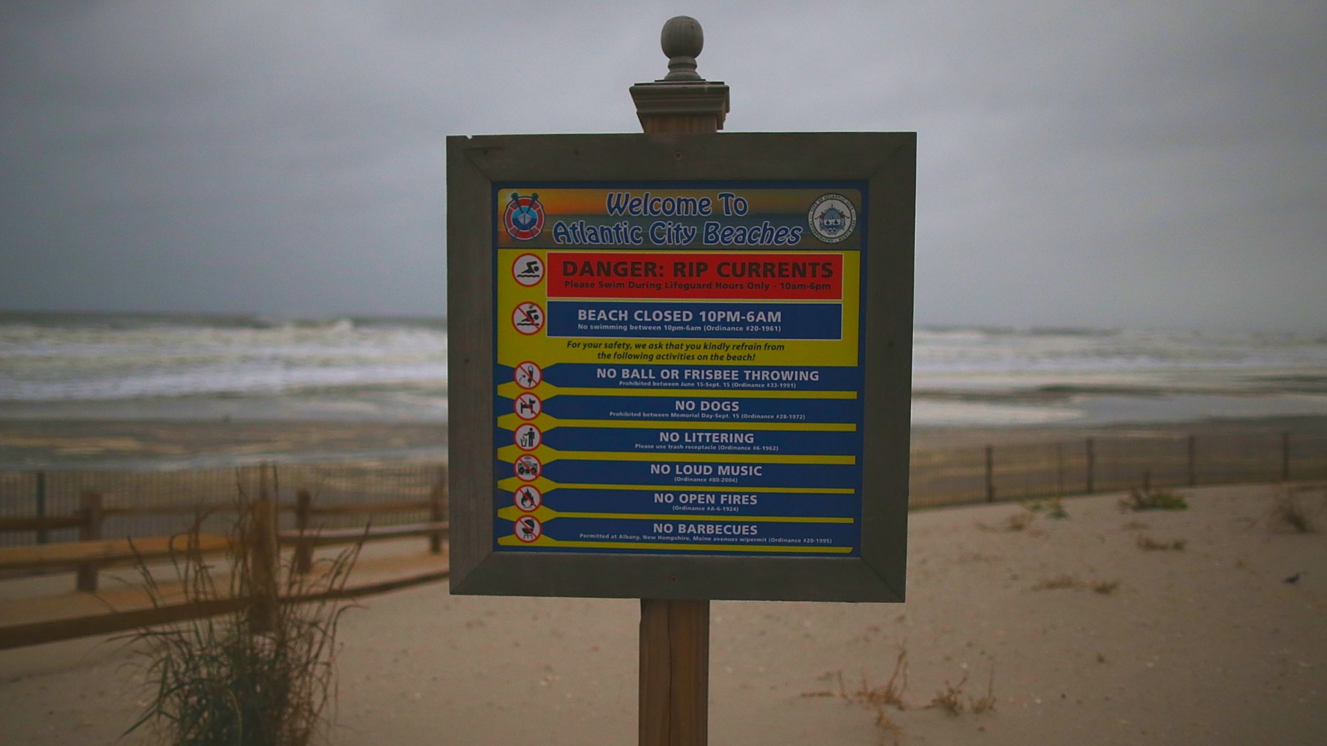A sign announces "Danger Rip Current"