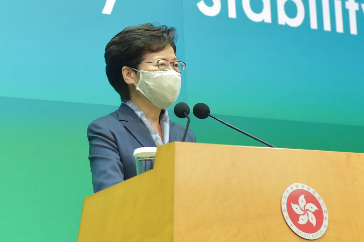 Hong Kong leader Carrie Lam speaks at a press conference in Hong Kong on June 9, 2020. (Bill Cox/The Epoch Times)