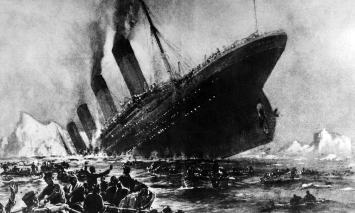 Undated artist impression showing the April 14, 1912, shipwreck of the British luxury passenger liner Titanic off the Nova-Scotia coast during its maiden voyage. (OFF/AFP via Getty Images)