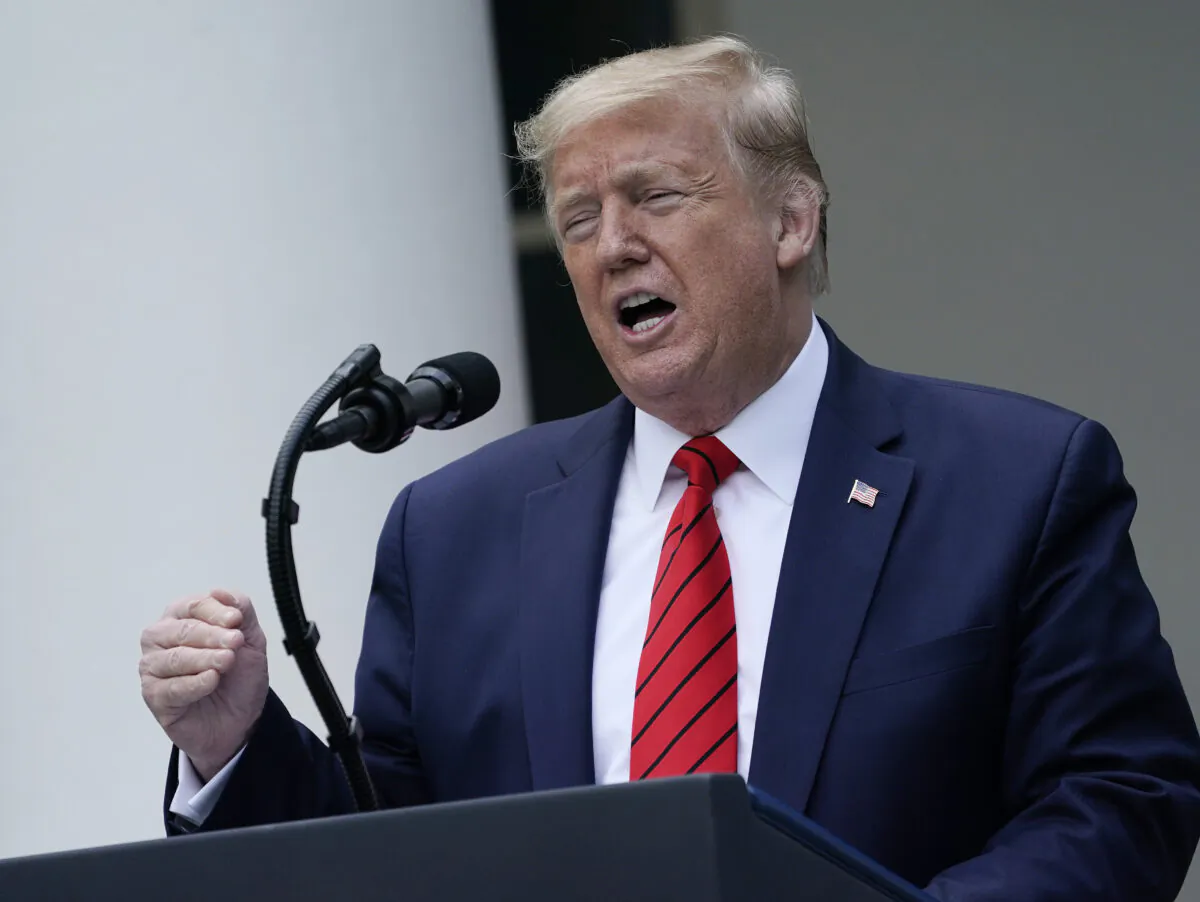 President Donald Trump speaks during a press briefing in the Rose Garden of the White House in Washington on May 11, 2020. (Drew Angerer/Getty Images)
