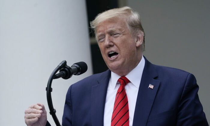 President Donald Trump speaks during a press briefing in the Rose Garden of the White House in Washington on May 11, 2020. (Drew Angerer/Getty Images)