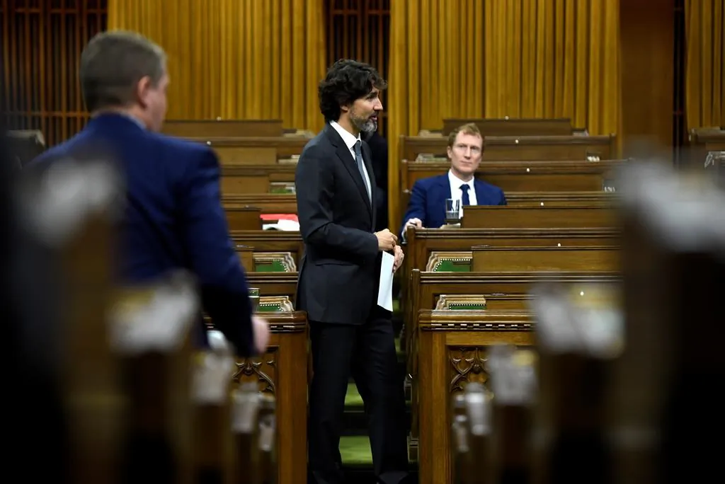 Prime Minister Justin Trudeau rises during a meeting of the Special Committee on the COVID-19 Pandemic in the House of Commons on Parliament Hill in Ottawa, on June 9, 2020. (Justin Tang/The Canadian Press)