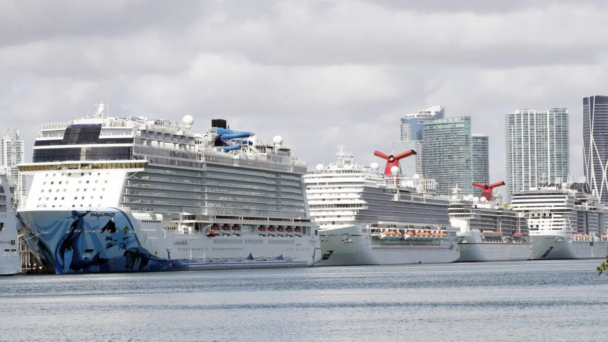 Cruise ships are docked at PortMiami in Miami March 31, 2020. (Wilfredo Lee/AP)