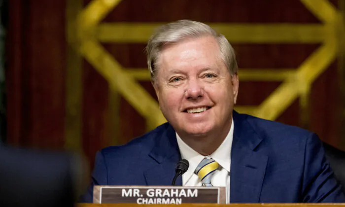 Chairman Sen. Lindsey Graham (R-S.C.) smiles during a Senate Judiciary Committee hearing in Capitol Hill in Washington, on June 9, 2020. (Andrew Harnik, Pool/AP)