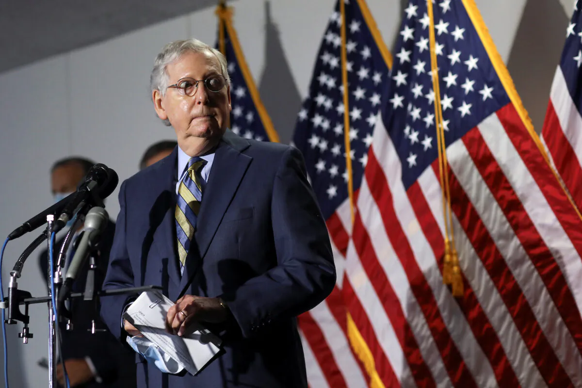 Senate Majority Leader Mitch McConnell (R-Ky.) speaks to reporters following the Senate Republicans weekly policy lunch on Capitol Hill in Washington, on June 9, 2020. (Leah Millis/Reuters)