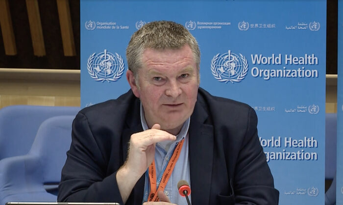 World Health Organization Health Emergencies Program Director Michael Ryan via video link as he delivers a news briefing on COVID-19 from the WHO headquarters in Geneva on March 30, 2020. (AFP via Getty Images)