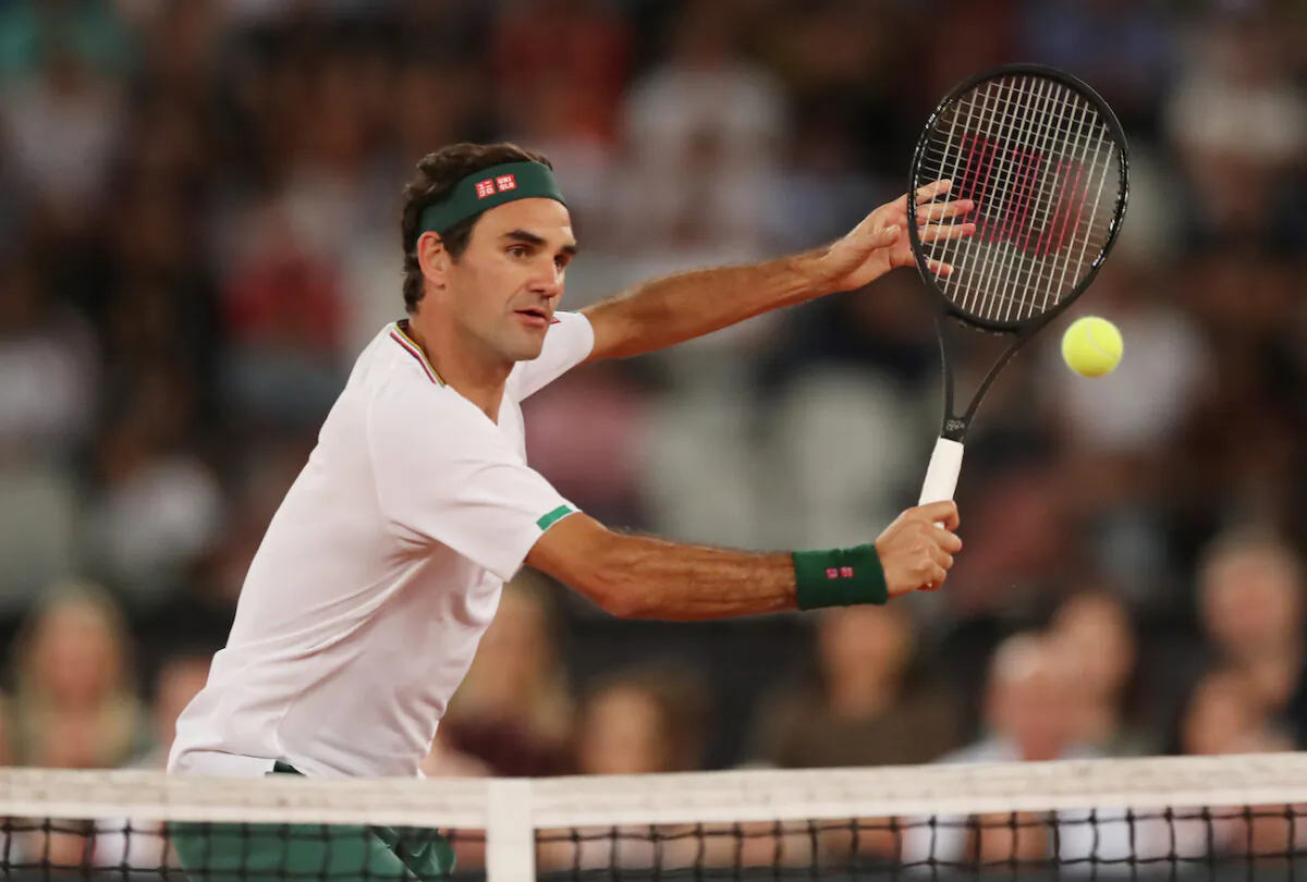 Switzerland's Roger Federer in action during the exhibition match against Spain's Rafael Nadal in Cape Town, South Africa, on Feb. 7, 2020. (Mike Hutchings/Reuters)