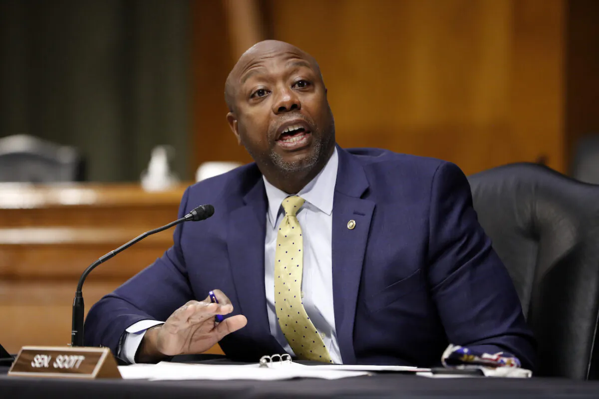 Sen. Tim Scott (R-S.C.) speaks during a Senate Health Education Labor and Pensions Committee hearing on new CCP virus tests on Capitol Hill in Washington, on May 7, 2020. (Andrew Harnik/AP Photo)