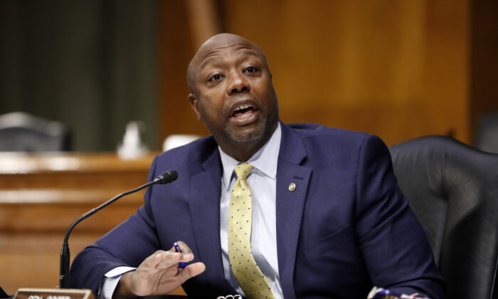 Sen. Tim Scott (R-S.C.) speaks during a Senate Health Education Labor and Pensions Committee hearing on new CCP virus tests on Capitol Hill in Washington on May 7, 2020. (Andrew Harnik/AP Photo)