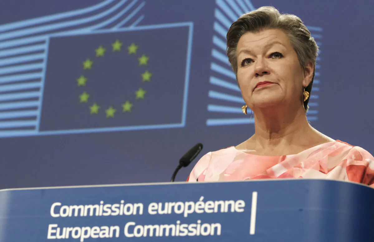 European Commissioner for Home Affairs Ylva Johansson listens to a question during a video press conference at EU headquarters in Brussels, on June 11, 2020. (Olivier Hoslet/AP)