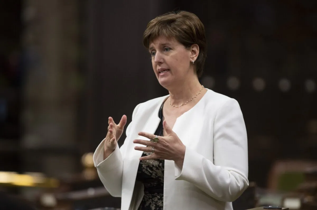Minister of Agriculture and Agri-Food Minister Marie-Claude Bibeau rises during a sitting of the Special Committee on the COVID-19 Pandemic in the House of Commons, in Ottawa, Canada, on June 3, 2020. (Adrian Wyld/The Canadian Press)