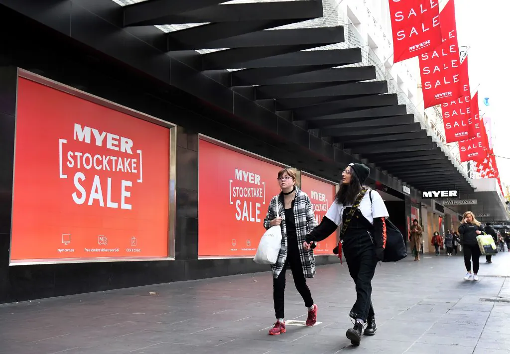 A department store window in Melbourne's central business district on June 3, 2020. (WILLIAM WEST/AFP via Getty Images)