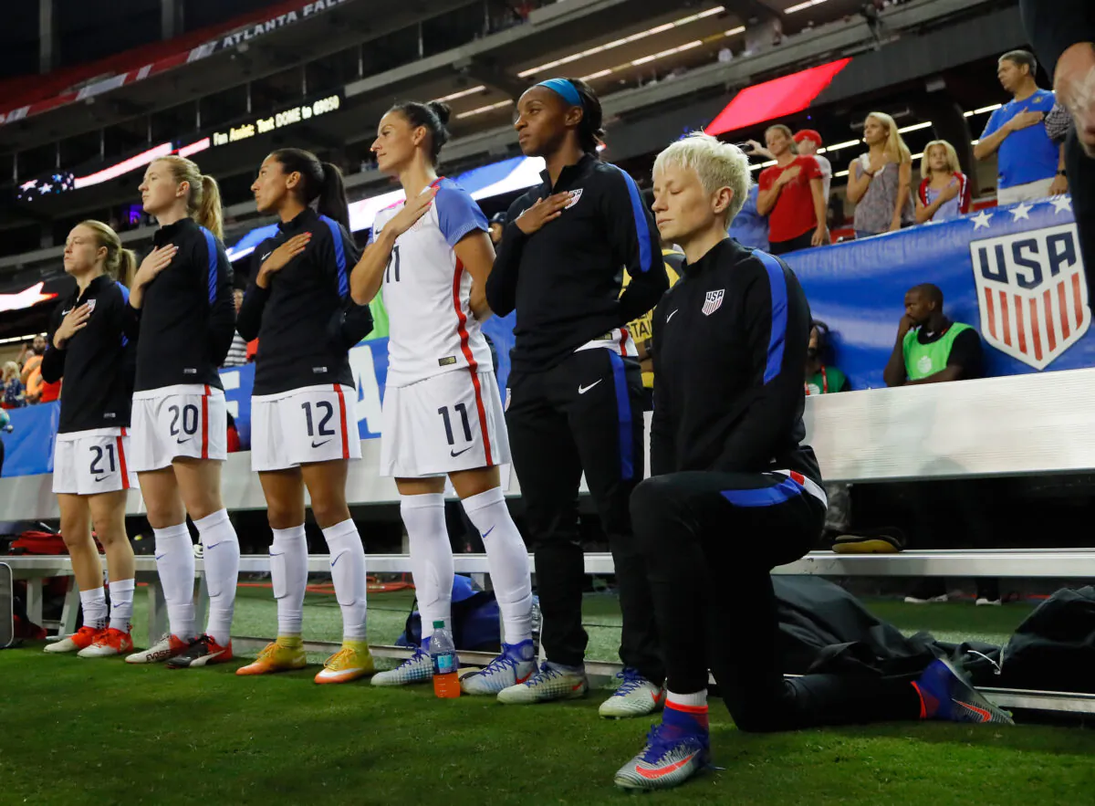 Megan Rapinoe kneels during the National Anthem prior to the match between the United States and the Netherlands at Georgia Dome in Atlanta, Ga., on Sept. 18, 2016. (Kevin C. Cox/Getty Images)
