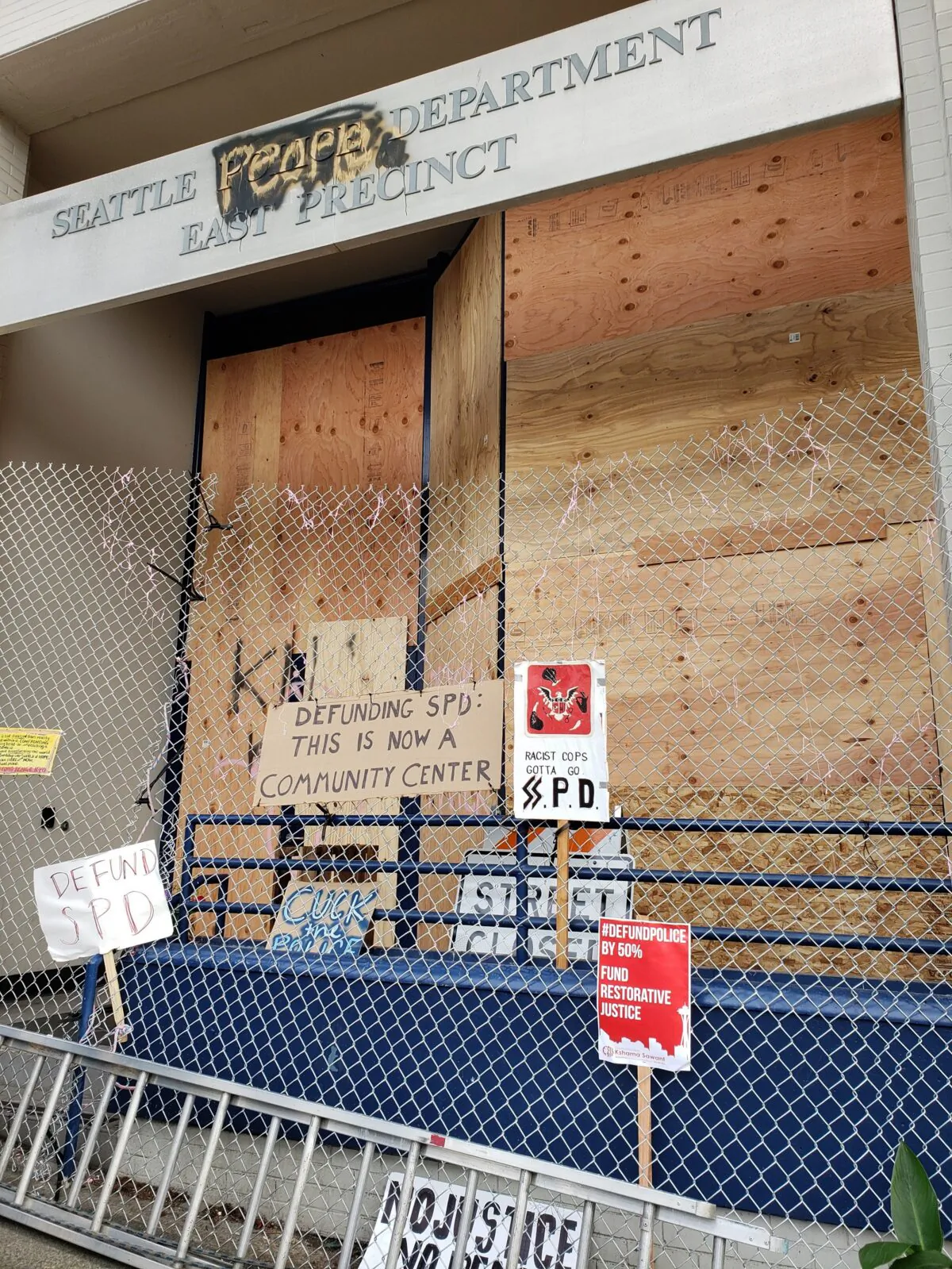 The boarded up Seattle Police Department East Precinct inside the Capitol Hill Autonomous Zone in Seattle, Wash. on June 10, 2020. (Ernie Li/NTD Television)