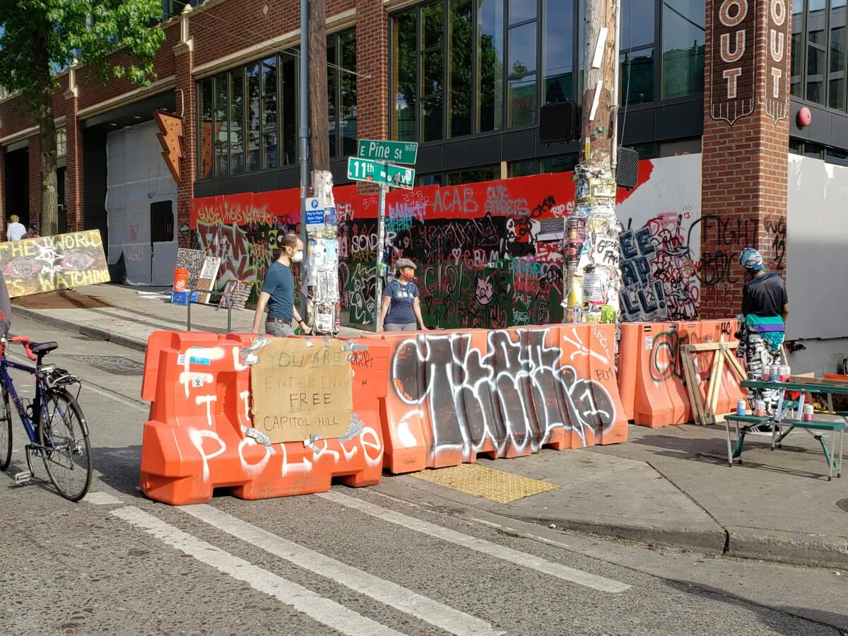 An entrance to the so-called Capitol Hill Autonomous Zone in Seattle on June 10, 2020. (Ernie Li/NTD Television)