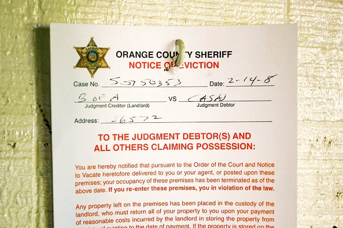 A photo of an Orange County Sheriff eviction notice in Laguna Hills, Calif., on March 28, 2008. (David McNew/Getty Images)