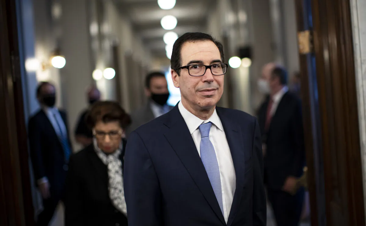Secretary of the Treasury Steven Mnuchin arrives for the Senate Small Business and Entrepreneurship Hearings to examine implementation of Title I of the CARES Act on Capitol Hill in Washington, on June 10, 2020. (Al Drago/AFP/Getty Images)