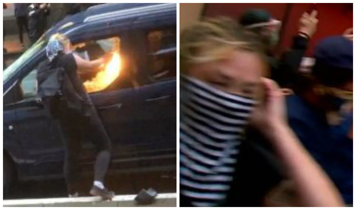 A woman identified by law enforcement as Margaret Aislinn Channon setting fire to a police vehicle in Seattle, Wash. on June 6, 2020. (SPD)