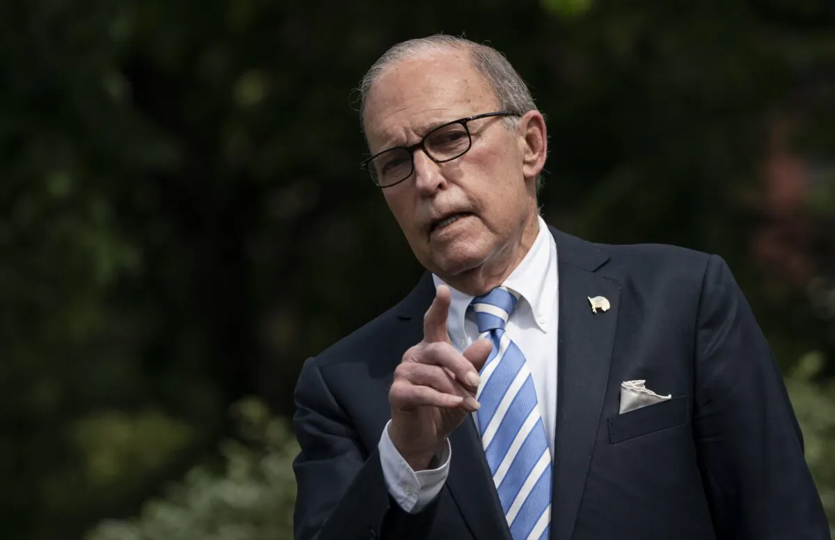 Director of the United States National Economic Council Larry Kudlow speaks to reporters outside the West Wing of the White House in Washington on May 15, 2020. (Drew Angerer/Getty Images)
