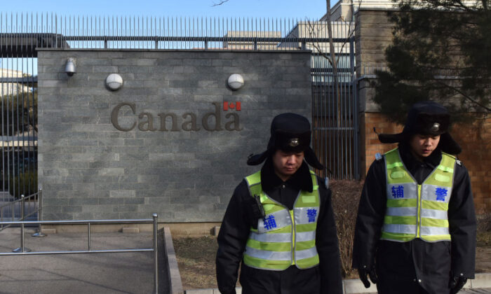 Police patrol outside the Canadian embassy in Beijing on Jan. 15, 2019. (Greg Baker/Getty Images)