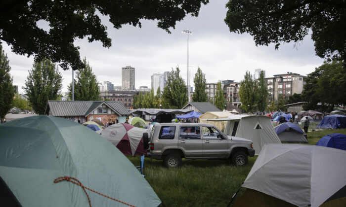 Tents are pictured in Cal Anderson Park in an area being called the Capitol Hill Autonomous Zone in Seattle, Wash., on June 12, 2020. (Jason Redmond/AFP via Getty Images)