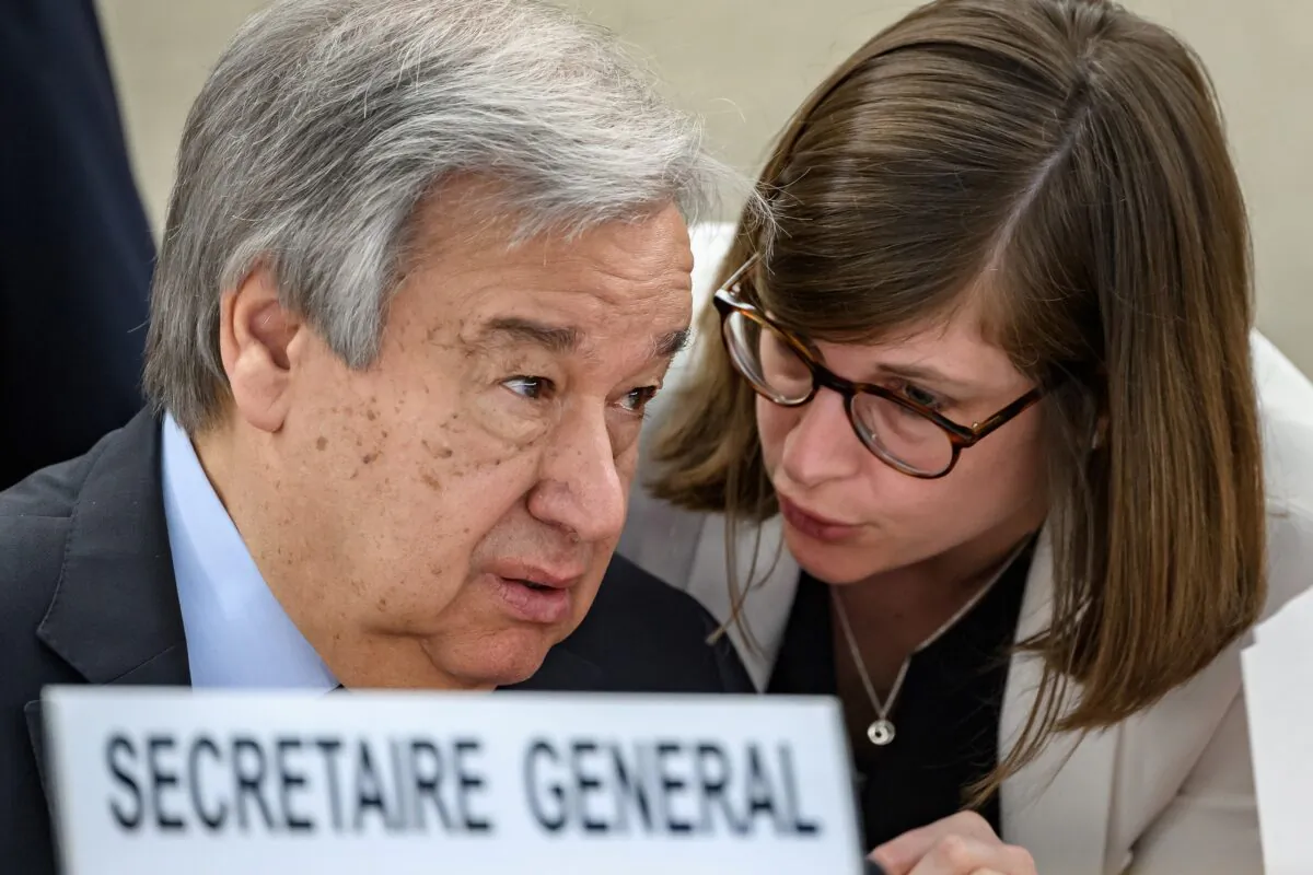 U.N. Secretary-General Antonio Guterres attends the opening of the Human Rights Council's main annual session in Geneva on Feb. 24, 2020. (FABRICE COFFRINI/AFP via Getty Images)