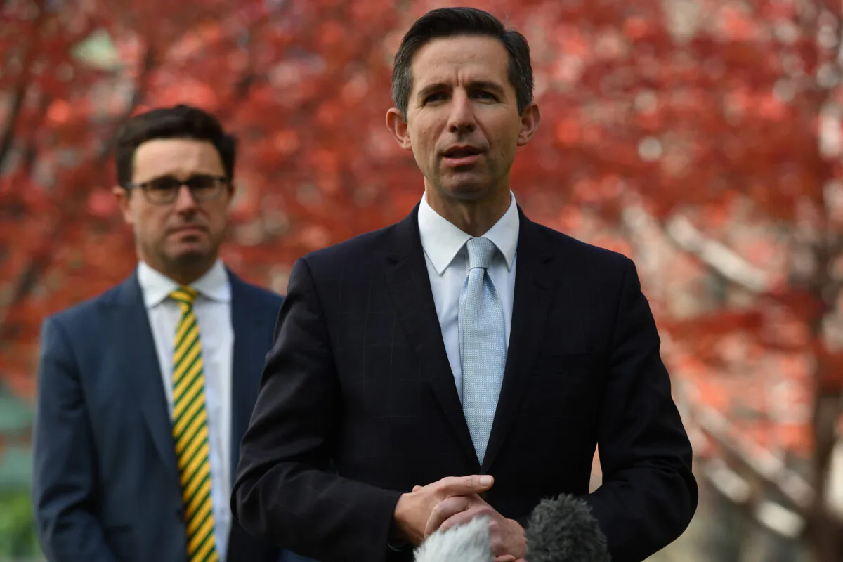 Agriculture Minister David Littleproud and Senator Simon Birmingham during a press conference at Parliament House in Canberra, Australia on May 12, 2020. (Sam Mooy/Getty Images)