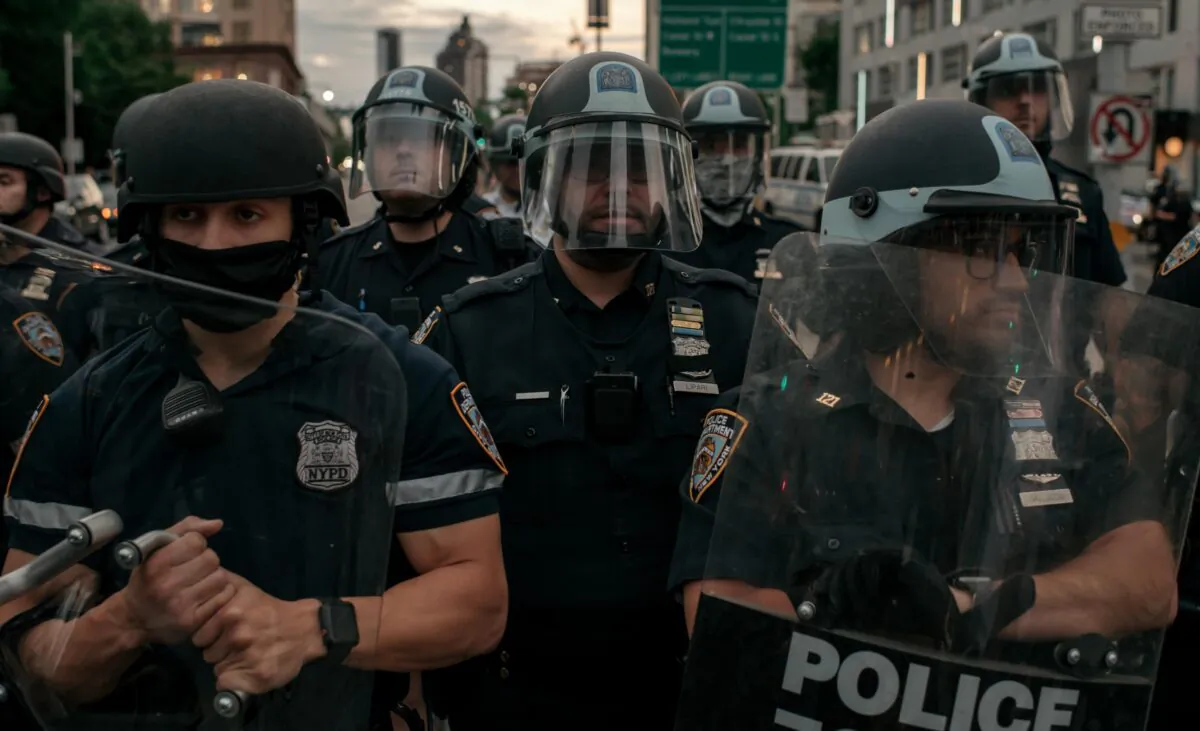 NYPD officers block the entrance of the Manhattan Bridge in New York City on June 2, 2020. (Scott Heins/Getty Images)