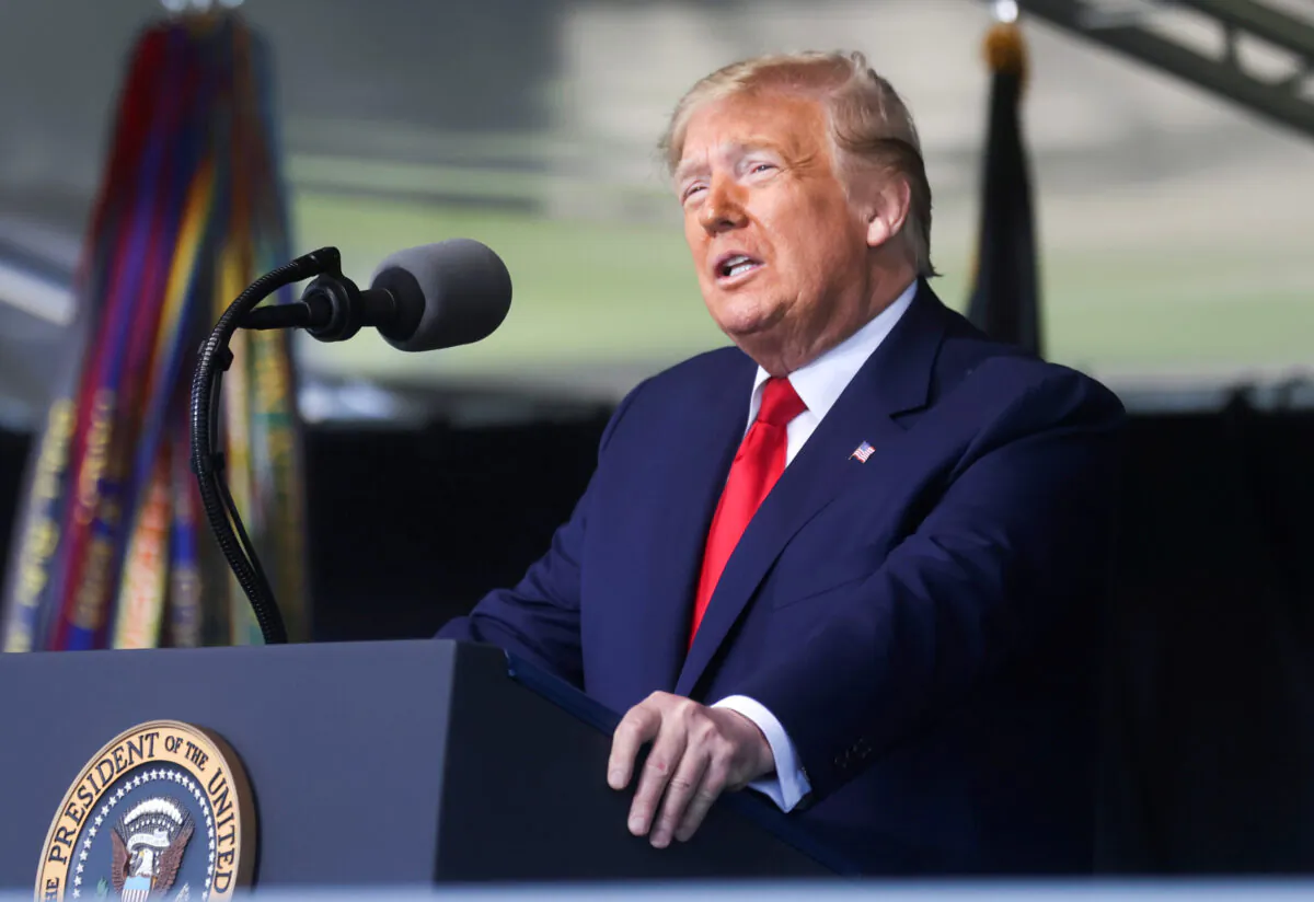 President Donald Trump delivers the commencement address at the 2020 United States Military Academy Graduation Ceremony at West Point, N.Y., on June 13, 2020. (Jonathan Ernst/Reuters)