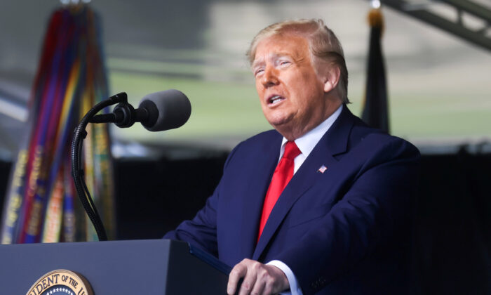 President Donald Trump delivers the commencement address at the 2020 United States Military Academy Graduation Ceremony at West Point, N.Y., on June 13, 2020. (Jonathan Ernst/Reuters)