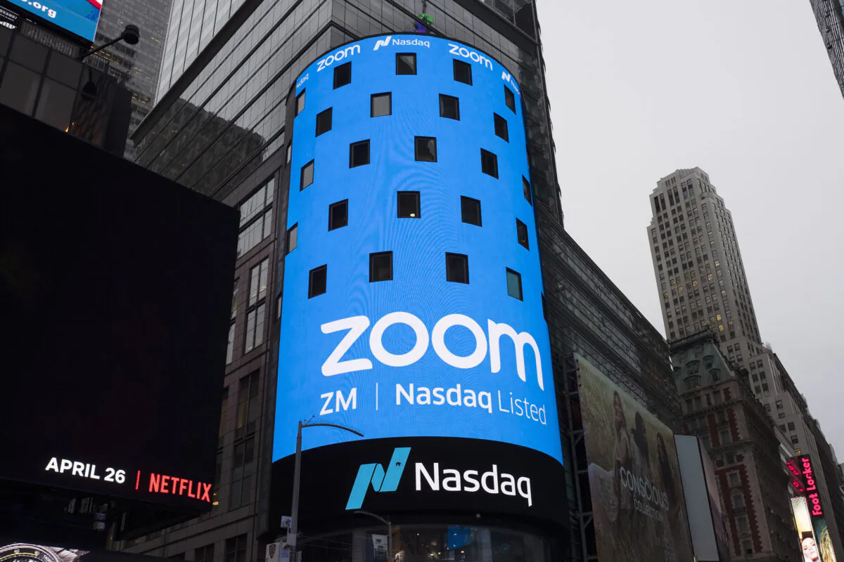 A sign for Zoom Video Communications ahead Nasdaq IPO in New York on April 18, 2019. (Mark Lennihan/AP Photo)