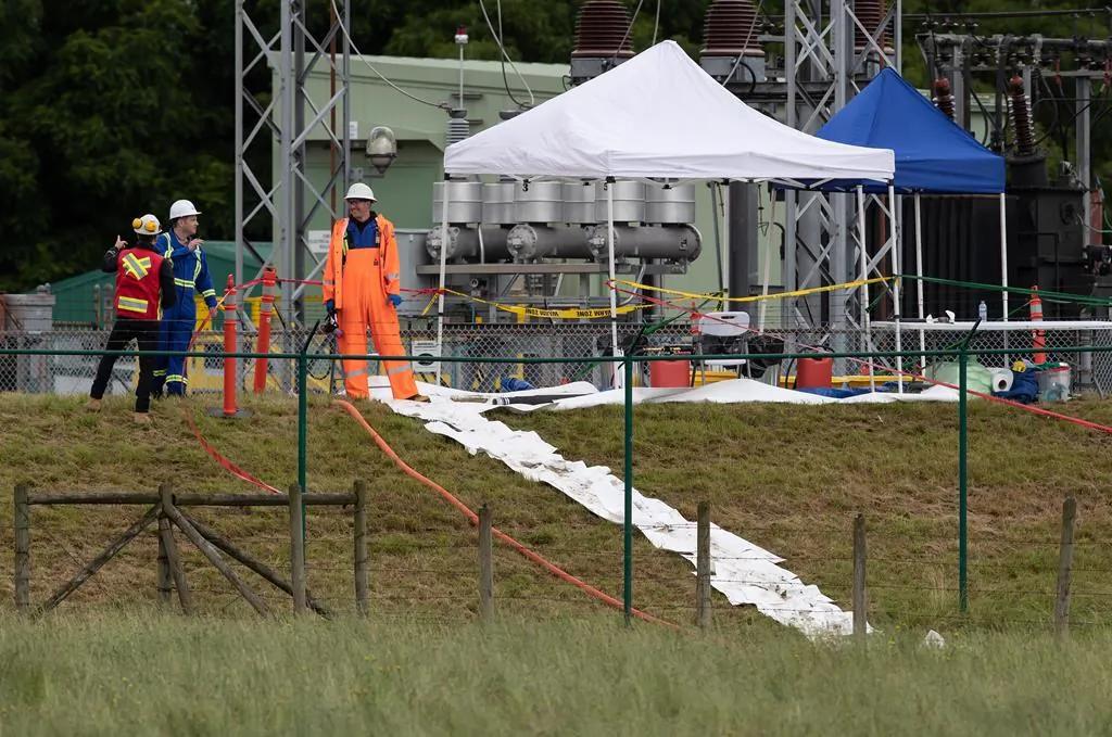 Workers are seen at the site of a crude oil spill at a Trans Mountain Pipeline pump station in Abbotsford, on June 14, 2020. (The Canadian Press/Darryl Dyck)