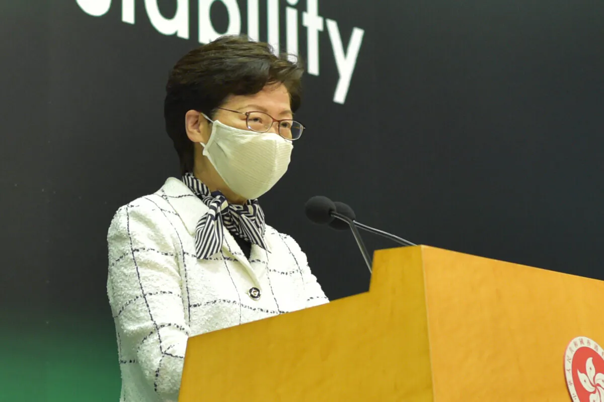 Hong Kong leader Carrie Lam speaks at a press conference in Hong Kong on June 16, 2020. (Bill Cox/The Epoch Times)