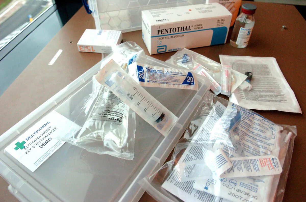 A "euthanasia kit" available in the 250 Belgian Multipharma's chemist shops for general practitioners who want to practice euthanasia at patients' homes, in Brussels, Belgium, on April 18, 2005. (Etienne Ansotte/AFP via Getty Images)