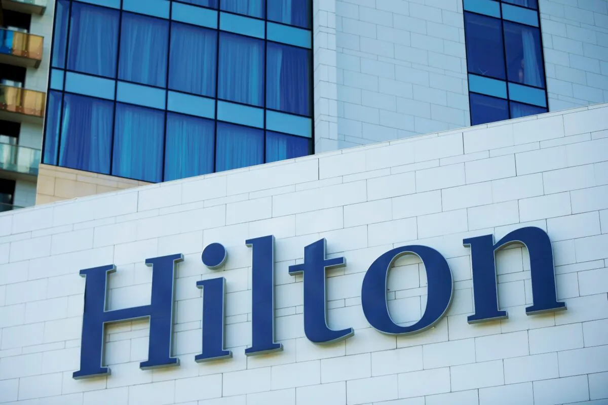 The logo of Hilton hotel is seen in Batumi, Ga., on May 2, 2016. (David Mdzinarishvili/Reuters)
